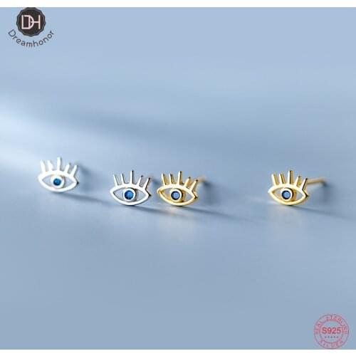 Dreamhonor 925 Sterling Silver Blue Zircon Evil Eye Stud Earrings Beautiful Fine Bijoux Jewelry