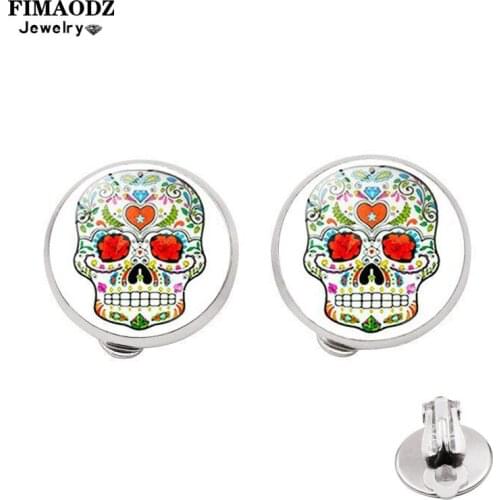 FIMAODZ Punk Sugar Skull Earrings for Women Men Day of the Dead Floral Skeleton Glass Clip on Earring Halloween Jewelry Gifts
