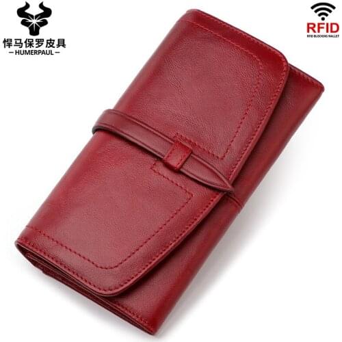 2020 New Rfid Genuine Leather Wallet Women Crazy Horse Long Zipper Wallets Coin Purse Large Capacity Handbag