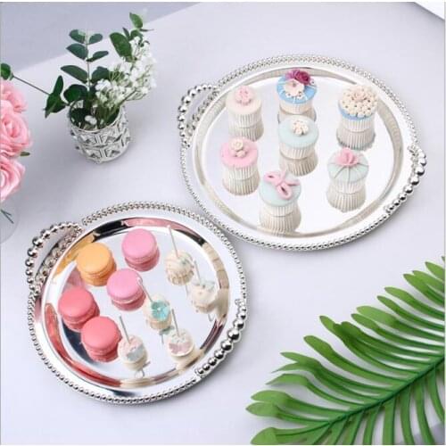 Diameter24/30cm/35cm wedding decoration steel trays with handles silver cake display pan cake pan metal silver serving tray