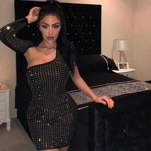 2020 New One Sleeve Hollow Out Beading Black Dress Sexy Fashion Celebrity Party Dress Vintage Vestios