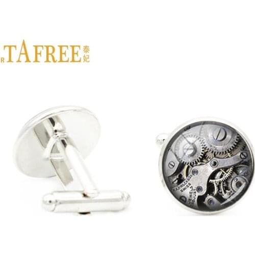 TAFREE Machinery Steampunk Cufflinks personality clock retro vintage Fashion handmade Cuff Link Glass cabochon jewelry D609
