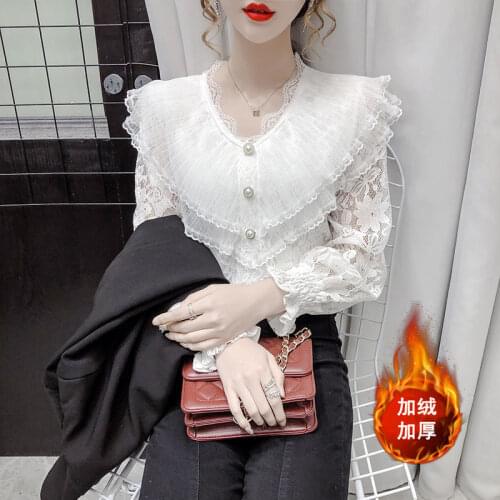 Blouse Women Thick Lace Shirt Mesh Embroidery Lace-Collared Blouse Blusas Mujer De Moda