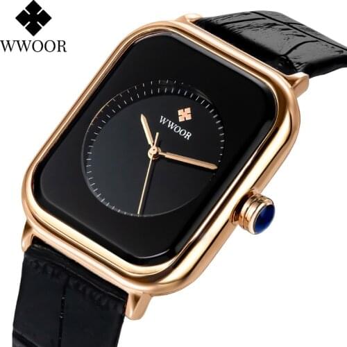 WWOOR 2021 Womens Square Watches Top Brand Luxury Ladies Dress Quartz Wristwatch Fashion Black Leather Montre Femme Reloj Mujer