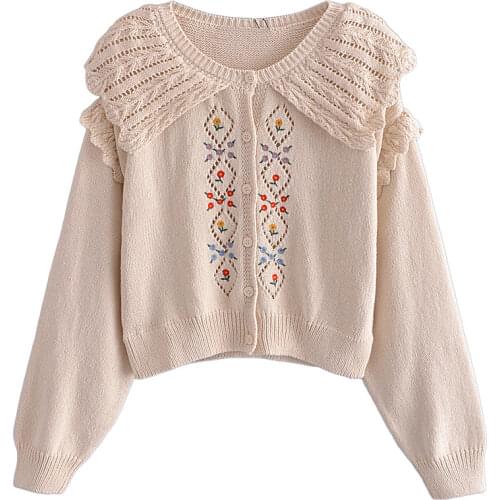 Za Women Hollowed Out Flower Decoration Sweet Doll Collar Knitted Cardigan Short Top Vintage Sweater XITIMEAO