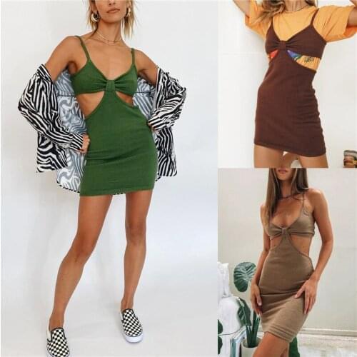 Fashion Womens Sexy Knitted Cut Out Spaghetti Strap Mini Dresses Halter Neck Backless Maxi Dress Club Party Y2K Streetwear