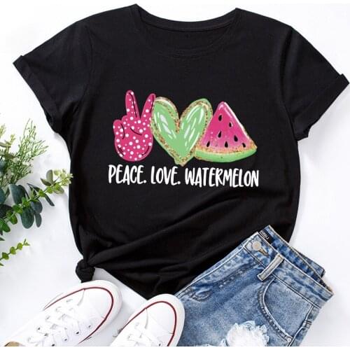 2021 Summer Crew Neck Short Sleeve T-shirt Harajuku Peace Love Watermelon Graphic Print 100%Cotton Women Tshirts Tee Shirts Tops