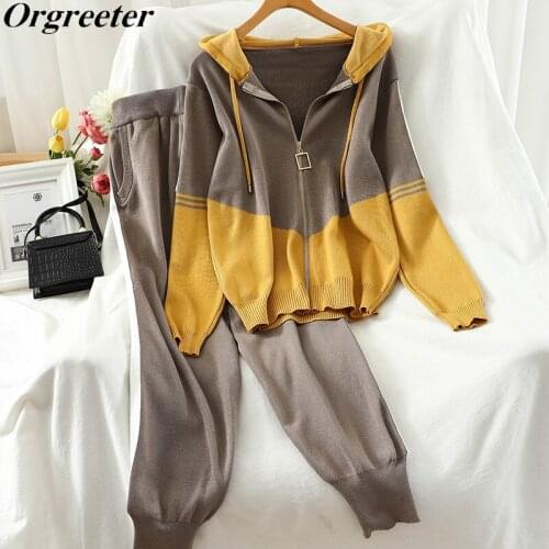 2021Spring Fall Hit Color Patchwork Sweater Tracksuits Women Hoodies Casual Zipper Cardigan Jacket + Pants Knitted 2 Piece Set