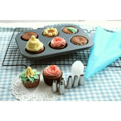 6pcs Stainless Steel Nozzle Sets FHEAL Silicone Icing Piping Cream Pastry Bag with Cake DIY Decorating Baking Tool Bakeware