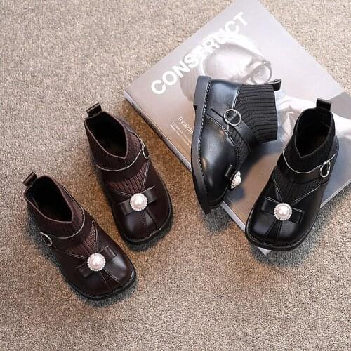 Boots Girls Winter Autumn Fashion Children Pu leather Mesh Rhinestones Pearl Bowtie Plush Boots Toddler Kids Princess Shoes Girl