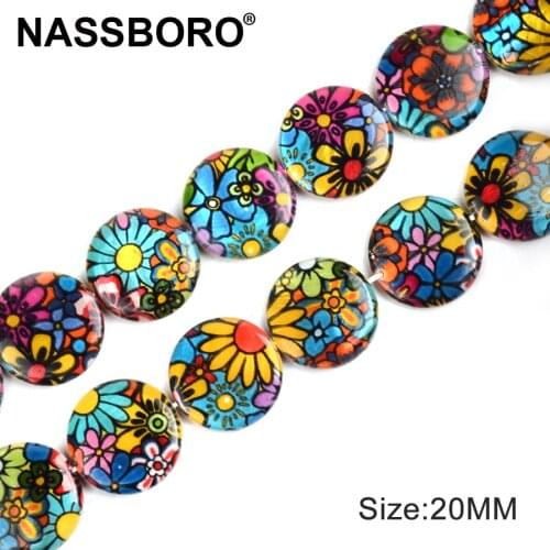 20mm Flat Round Shape Shell Beads Two Sides Flowers Pattern Printed Spacer Beads for Jewelry Making DIY Necklace Materials Gift