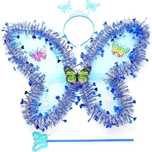 3 Pieces Kids Girls Fairy Costume Set Glitter Tinsel Sequins Tassels Butterfly Angle Wing Boppers Headband Magic Wand Party C6UD