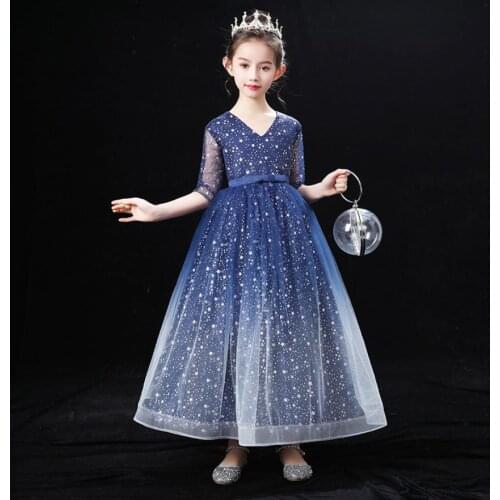 Sequined Mesh Stitching Design Childrens For Weddings Evening Gown Summer Short Sleeve Girls Princess Dresses Vestidos L1091