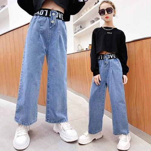 Spring Autumn Girls High Waist Jeans Blue Letter Design Denim Trousers Wide Leg Pants Teenager Clothes for Girls 6 8 10 12 14Yrs