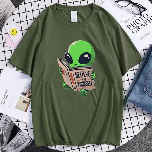 Believe In Yourself Alien Is Reading Print Tshirt Man Soft Casual T Shirt Travering Slim Clothing Simple o-neck T-shirts mens