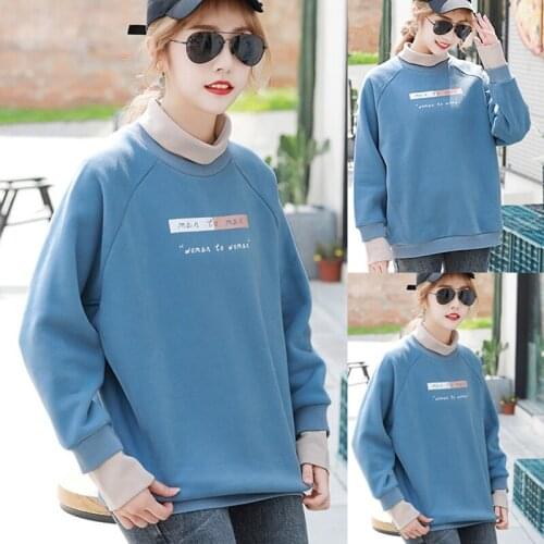 Harajuku Women Pullover Sweater Autumn Winter High Collar Fake 2-Piece Korean Style Loose Fashion Hoodies