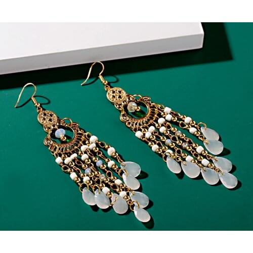 Classic Trendy Womens White Crystal Long Tassel Earrings 2019 Fashion Jewelry Bohemia Beads Wedding Earrings Hangers