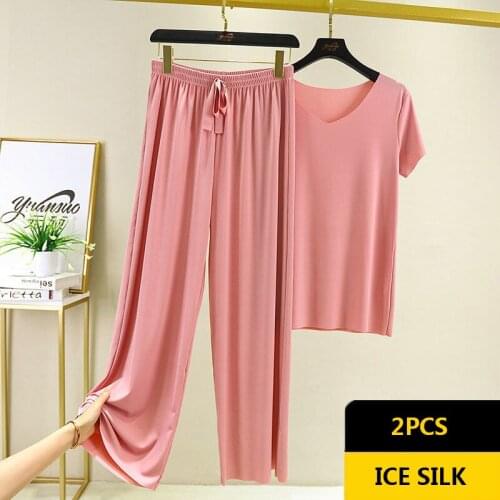 Sumr Women Lounge Wear mer Loose Homewear Suit for Women Pajamas Pants Set Female Home Clothes Set Lady Home Suit Summe Lce Silk