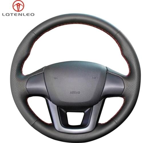 LQTENLEO Black Genuine Leather Hand-stitched Car Steering Wheel Cover For Kia K2 2010-2016 Kia Rio 2011 2012 2013 2014 2015 2016