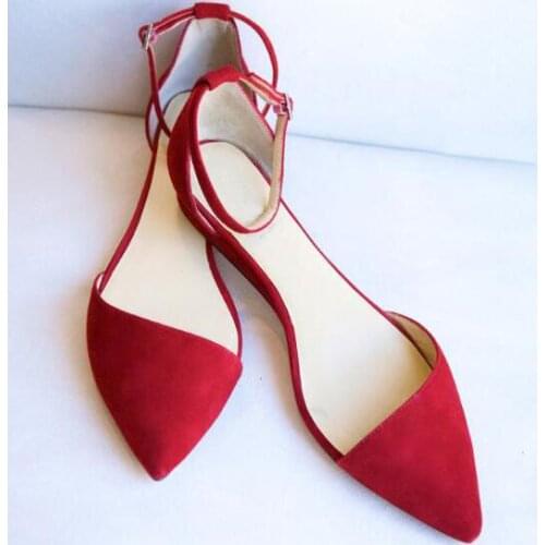 Fashion Red Suede Leather Women Pointy Toe Flats Elegant Style Ladies Ankle Buckles Flats High Quality Dress Shoes Ballet Shoes