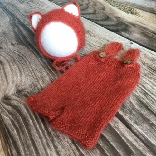 Mohair Knit Animal Hat and Romper Set Newborn Boy Romper Bonnet Baby Outfit Clothes Infant Overalls Fox Bonnet For Photography