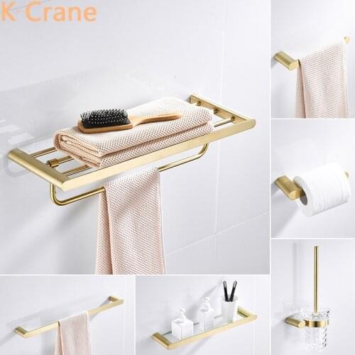 Brush Gold Bathroom Accessories Set Wall Mount Towel Shelf Stainless Steel Towels Bar WC Toliet Brush Holder Fold Rack Paper Box