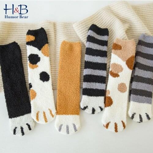 Humor Bear Plush Coral Wool Socks Cartoon Autumn Winter Cat Claws Cute Thick Warm Sleeping Floor Home Socks