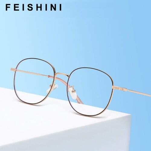 Feishini High Quality Anti Blue Light Glasses korea Oval Filter Reduces Blocking Rays Radiation Computer Eyewear Women Metal