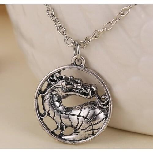 Mortal Kombat Necklace Liu Kang Dragon Antique Silver Color Pendant Vintage Fashion Hot Movie Game Jewelry Men Women Wholesale