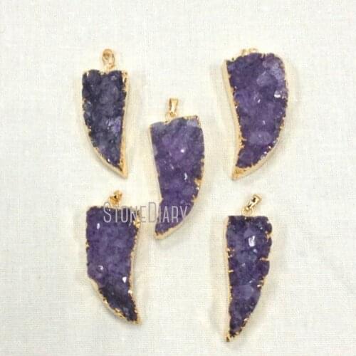 H-AMD37 Raw Druzy Amethysts Druzy Cluster Horn Tusk Moon Pendant with Gold