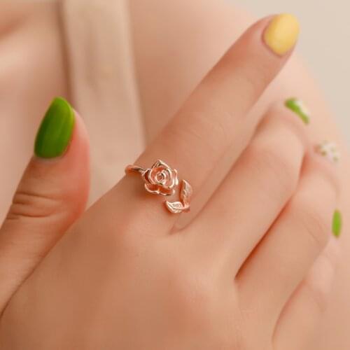 Valentines Day Gift Retro Rose Flower Leaf Silver Plated Rose Gold Copper Rings for Women