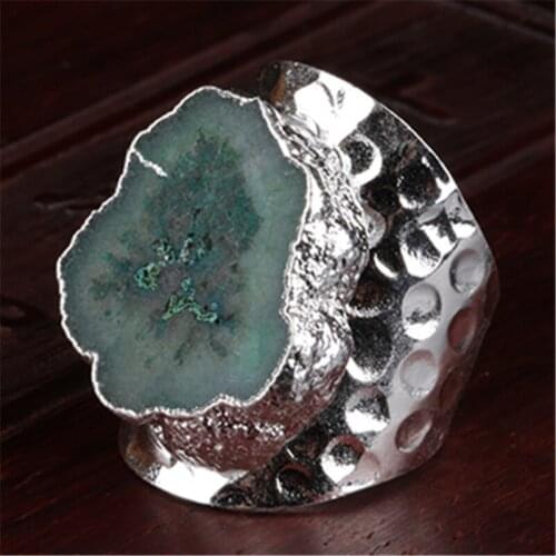 Polished green geode crystal stone slice bead charm open wide wrap hammered adjustable resizable ring cuff for woman man