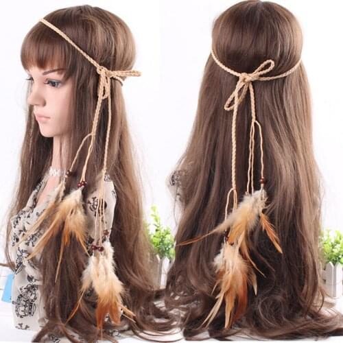 Feather Headband, European and American Double-layer Chain Braided Headband, Colorful Feather Leaf Pendant, Boho Headwear