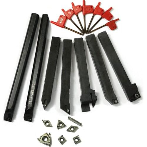 21pcs/set 12mm Shank Lathe Turning Tool Holder Boring Bar + Silver Carbide PVD Inserts Set For Machining Steel