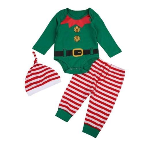 Xmas Infant Kids Baby Girls Boys Clothes 3PCS Long Sleeve Cartoon Romper Tops+Striped Pants+Hats Outfit 0-24M