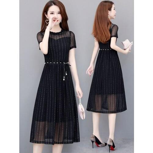 Summer Lace Up Short Sleeve 0-neck Knee-length A-line Chiffon Black Red Fashion dress Women Holiday Daily Wear Vestidos