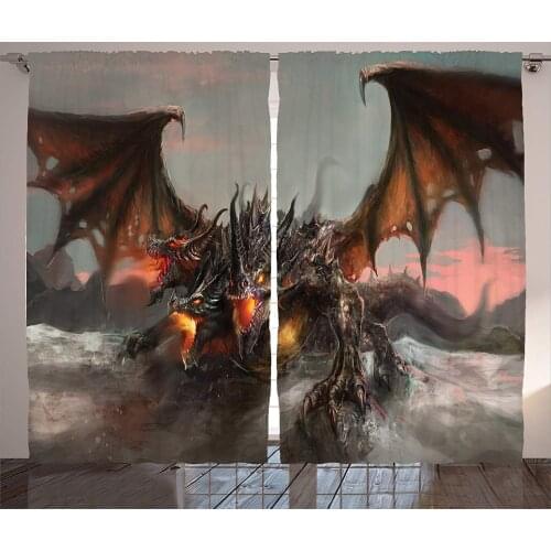 Fantasy World Curtains Illustration of Three Headed Fire Breathing Dragon Large Monster Gothic Theme Living Room Bedroom Decor