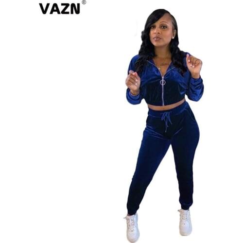 VAZN 2020 Fitness Gym Sexy O-neck Two Piece Set Solid Button Bodycon 2 Piece Set Women Long Sleeve Top Autumn Sets