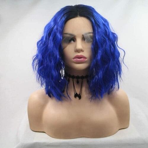 Sylvia Short Loose Bob Blue Wig With Dark Roots Ombre Synthetic Lace Front Wig Heat Resistant Fiber Short Hair Wigs