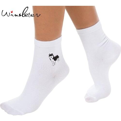 Women socks white socks cute animal husky embroidery cotton dog female pure color socks funny A73201