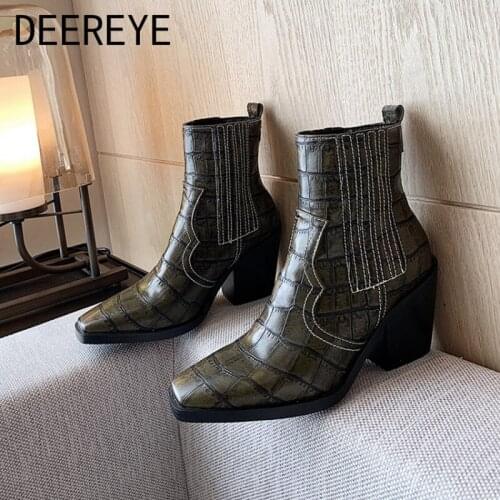 Ladies Vintage Mid-calf Boots Ankle Booties Female Square Wedges Thick Heels Shoes Slip On Microfiber Chelsea Cowboy Women