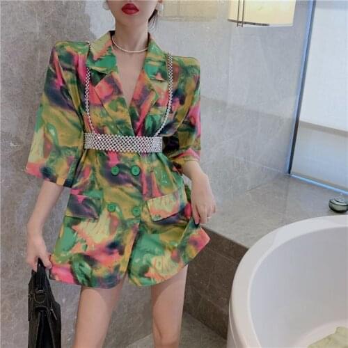 Women Blazer Autumn Spring New Fashion Print Full High Street Button Women Coat Pearl Underwear 2 Pic Set Euro-America Style