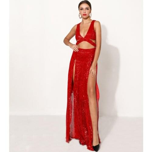 2020 Women Sexy V-neck Solid Out Dress with High Split Elegant Sleeveless Sequined Zipper Back Female Maxi Party Dresses
