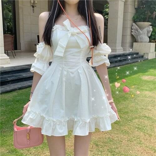 White Kawaii Fairy Strap Dress Women Patchwork Off Shoulder Sexy Party Mini Dresses Bow Ruffle Sweet Cute Princess Sundress 2021