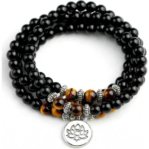 108 Natural Tiger Eye With Black Onyx Stone Buddhist Prayer Mala Beads Bracelet Necklace Women Men Charms Bracelets Yoga Jewelry