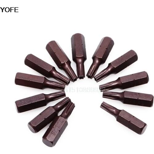 12Pcs 25mm 1/4" Hex Shank Magnetic T20 Torx Security Screwdriver Bits With Hole