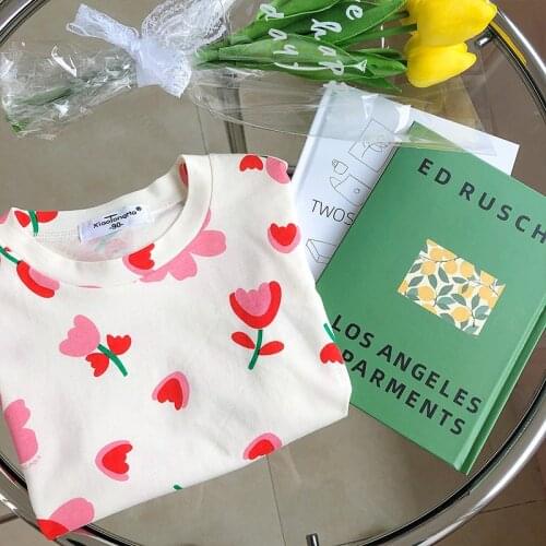 2021 Summer Girl 's Clothes Child Girl Short Sleeve Cotton Printed Flower T-shirt Baby Kid Top 3-8 Years Old