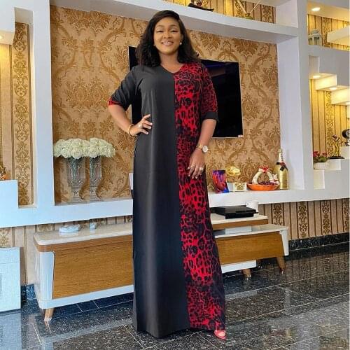 African Black Leopard Print Dresses Women Patchwork V Neck Loose Casual Boubou Dashiki Clothes Abaya Dubai Robe Long Dress