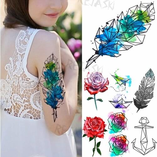 Watercolor Geometric Feather Temporary Tattoos For Kids Women Rose Anchor Realistic Fake Tattoo Waterproof Body Art Tatoos Decal