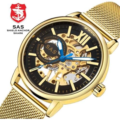 Brand shark Sale Coupons For Men Watches Mechanical Handmade Platoon Leading Skeleton Steel Bracelet with Mesh Strap Mens watch